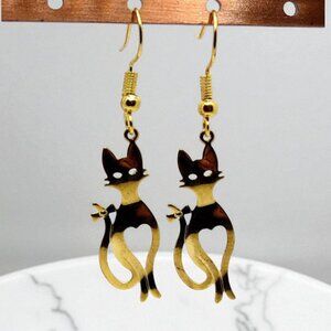 NEW Gold Cat Heart Dangle Earrings